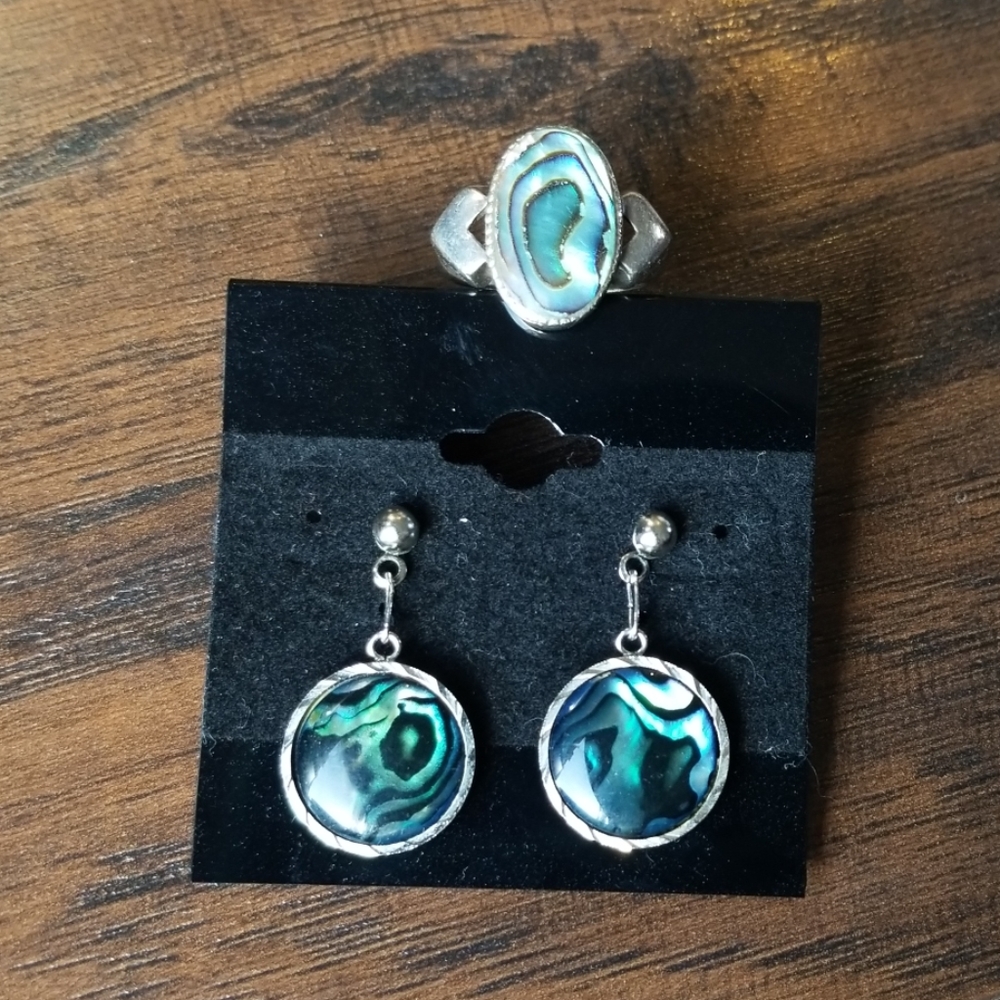 Abalone sterling silver hearts .925 ring, earrings